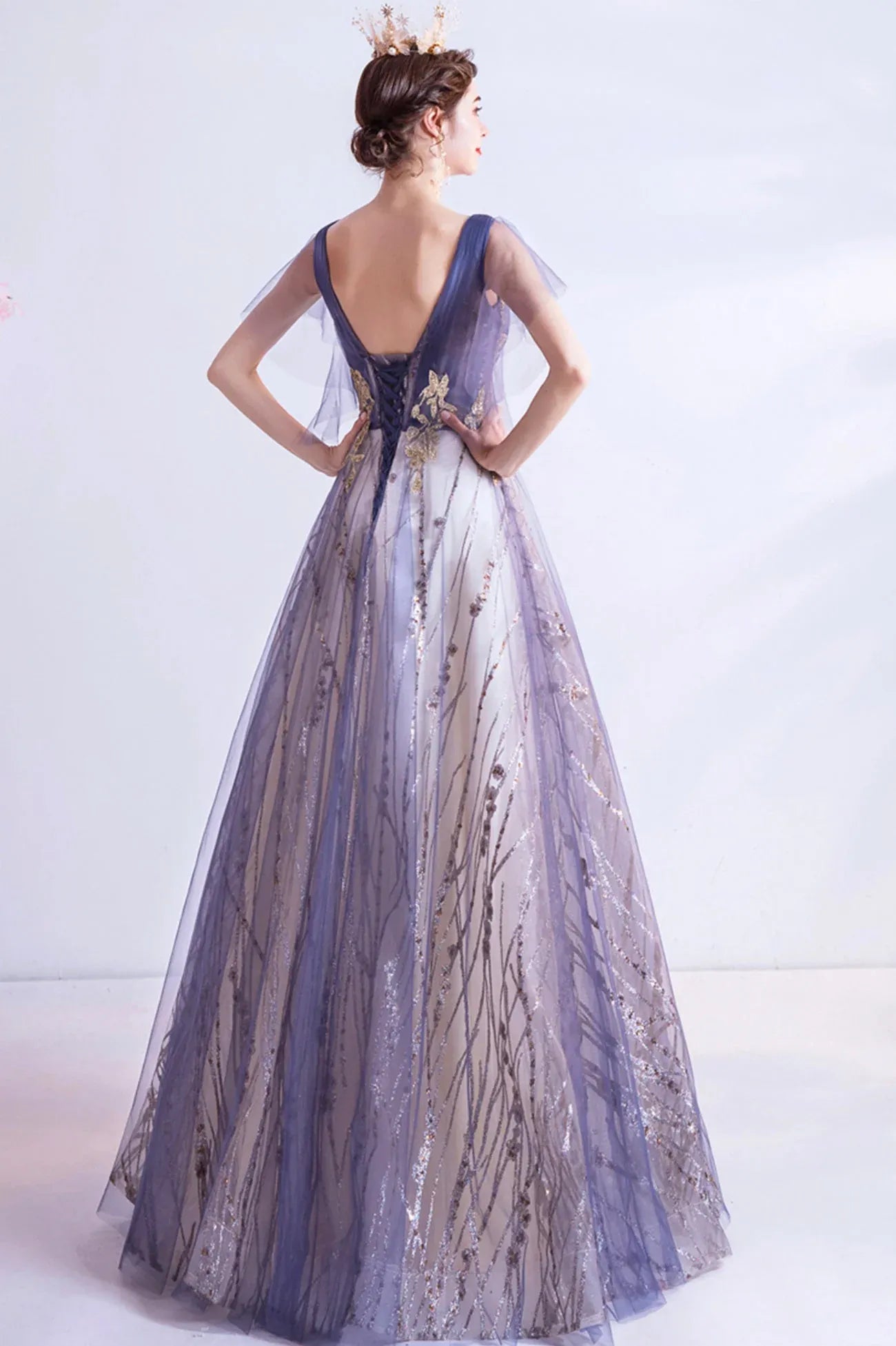 Modern A-Line V-Neck Flutter Sleeve Lace Up Floor-Length Prom Dress